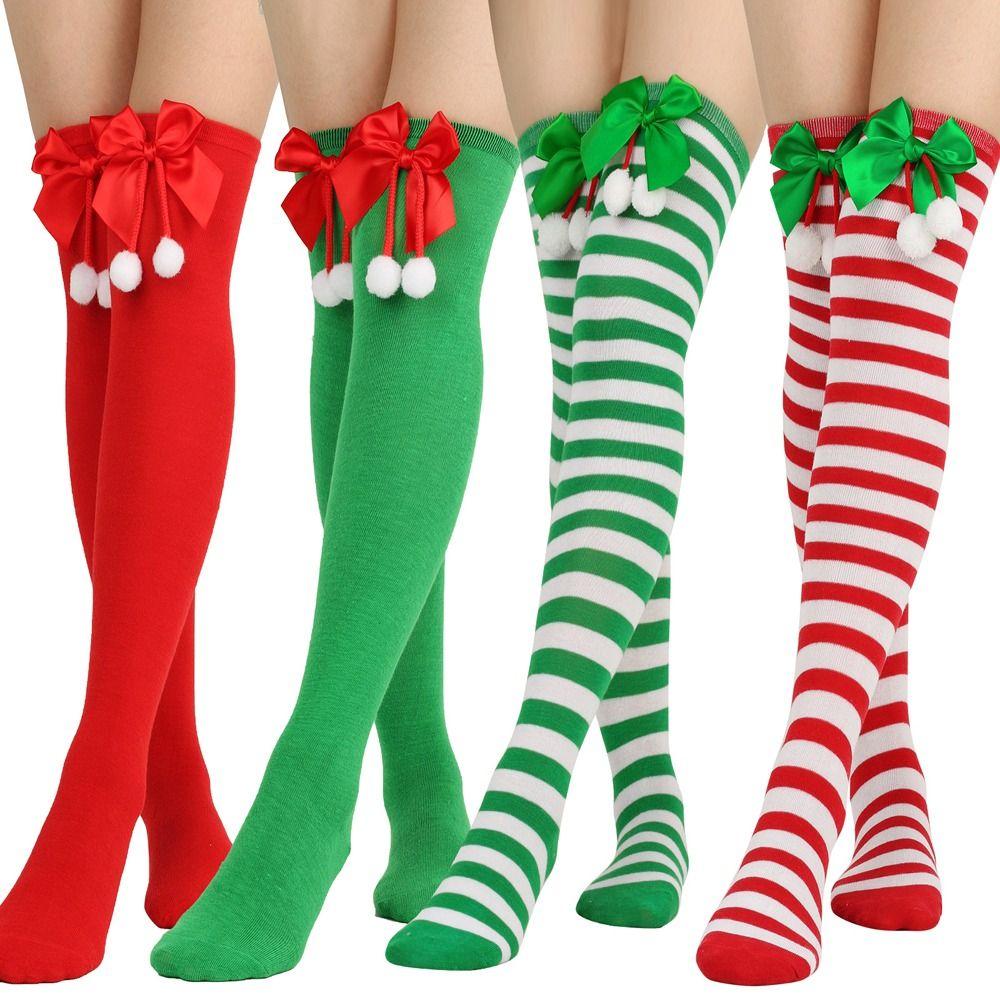 Knee High Socks Striped Sweet Ball Christmas Socks Women Stockings Hosiery Winter Over Knee Socks