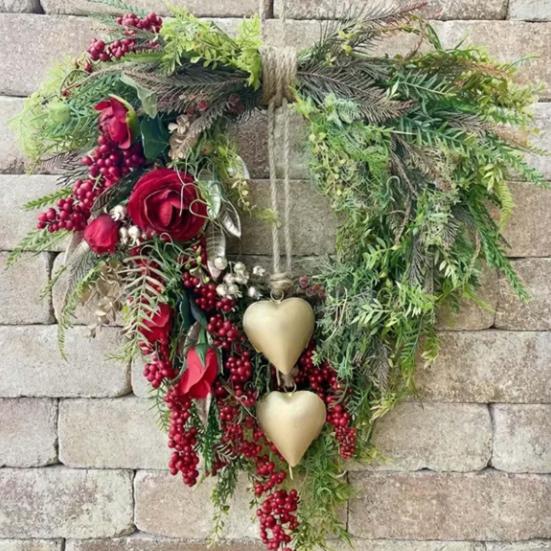 Valentine's Day Farmhouse Heart Wreath for Front Door Rustic Faux Greenery Wreath with Red Roses Berries Vintage Heart Bell for Window Porch Indoor