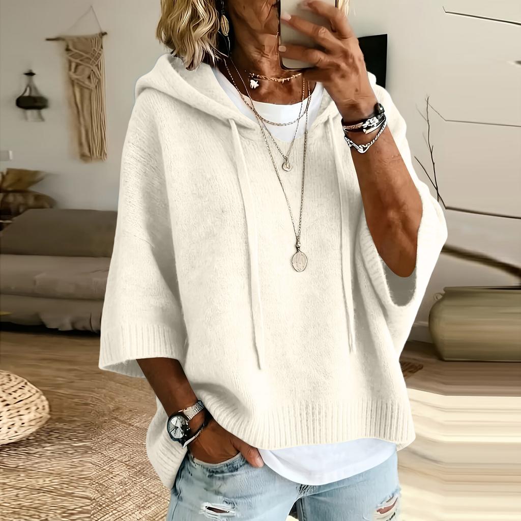 Women's Color Knitted Hooded Sweatshirt with Drawstring New Arrival