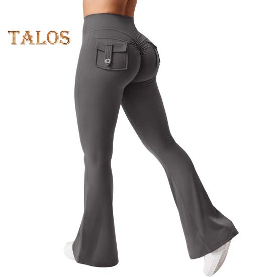 Women Yoga Pants Solid Color Slim Fit Flared Pants with Pockets Thin Elastic Cargo Style Sexy Ruched Long Pants