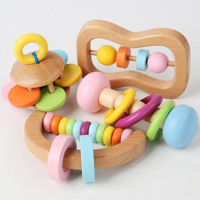 Holzrassel, Musikinstrument für Neugeborene, Greifrassel für Babys und Kleinkinder, frühe Bildung Greifspielzeug vierteiliges Set