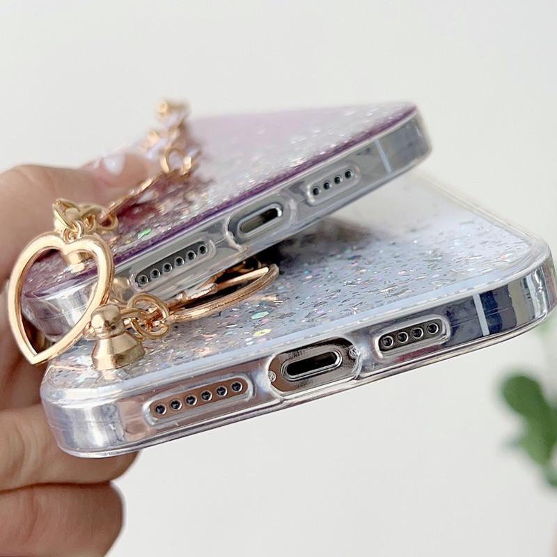 Compatible iPhone 16 Pro Max Transparent Resin Glitter Phone Case with Bowknot and Bracelet