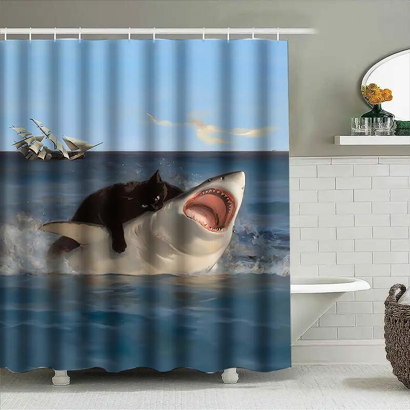 Cat Riding Shark Waterproof Shower Curtain Heat Resistant Machine Washable Non-Transparent 180X180Cm