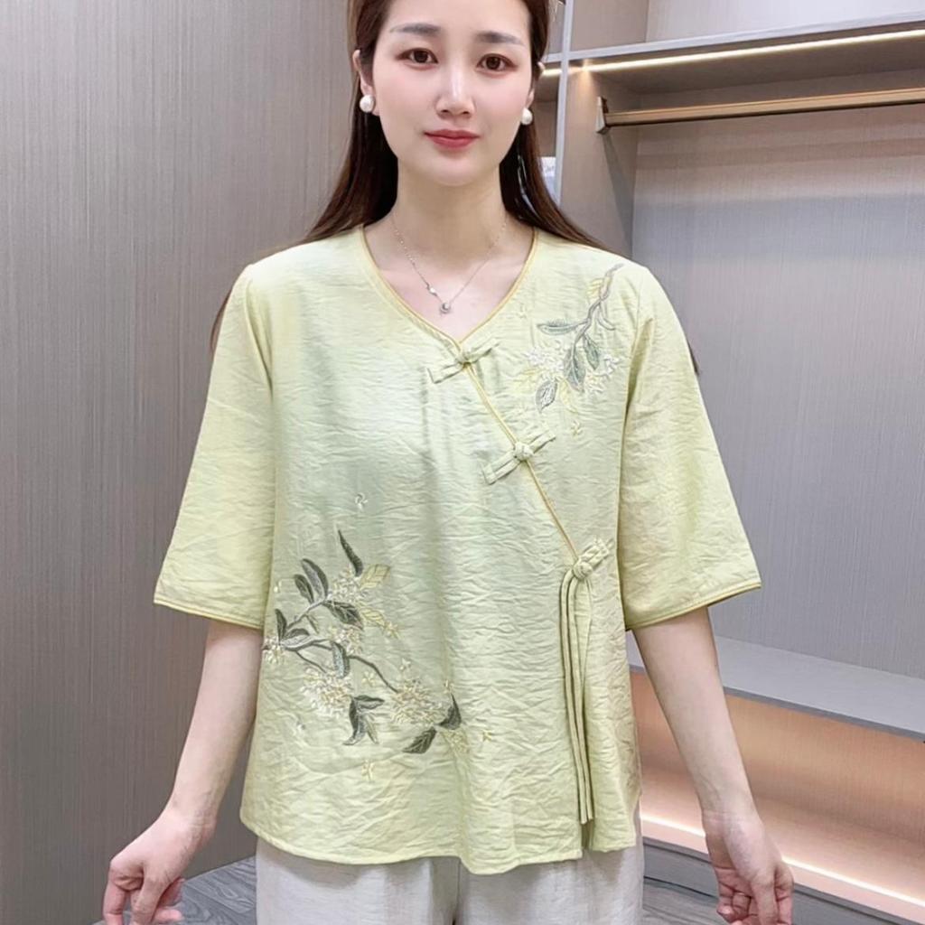Middle Aged Women Retro Chinese Embroidery Asymmetrical Button Blouse Summer Loose Bohemian Style Top