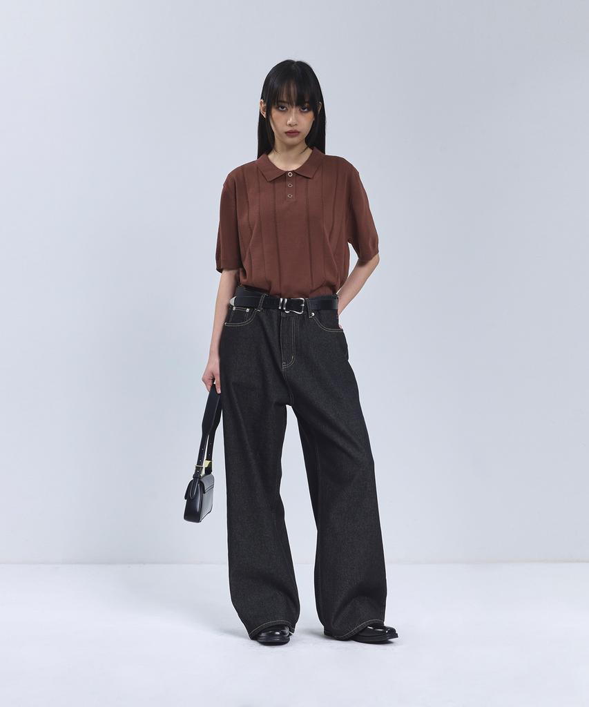 IRONYPORNO WHITELINE 86-Iro354 Multi-Stripe Snap Collar Short Sleeve Knit Brown