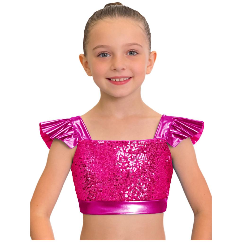 Dětské dívčí topy na jazzový tanec Čtvercový výstřih Volánkové rukávy Třpytivý flitrovaný metalický crop top