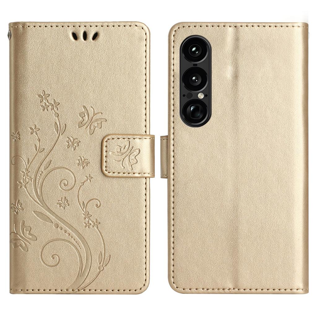 Dla Sony Xperia 1 VII Skórzane etui portfelowe z nadrukiem motyla i kwiatów, pokrowiec na telefon ze smyczą