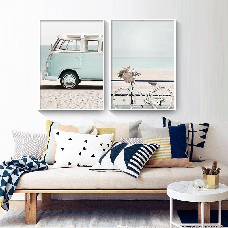 Skandinavien Strand Meer Schilf Palme Strauch Fahrrad Auto Nordic Poster und Drucke Wand Kunst Leinwand Malerei Bilder für Wohnzimmer Dekor