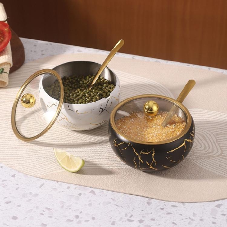 Contenitore per Condimenti in Acciaio Inossidabile Contemporaneo Elegante Zuccheriera con Coperchio in Vetro e Cucchiaino Strumento per l'Organizzazione della Cucina
