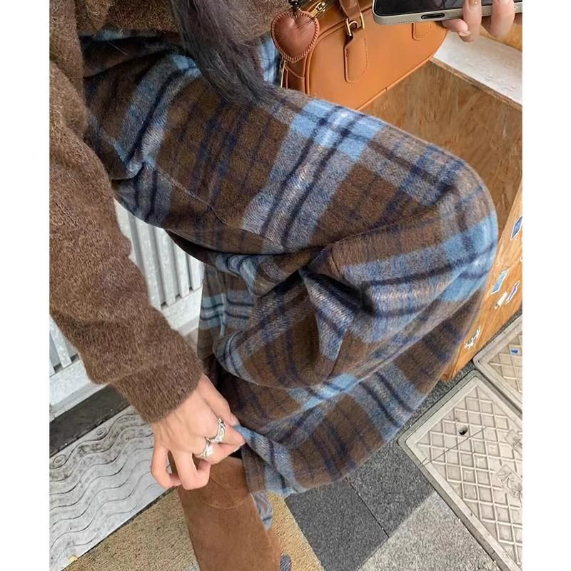 Ladies' Autumn and Winter High Waisted Woolen Plaid Wide Leg Pants, Casual Versatile, Casual with Plush Pants