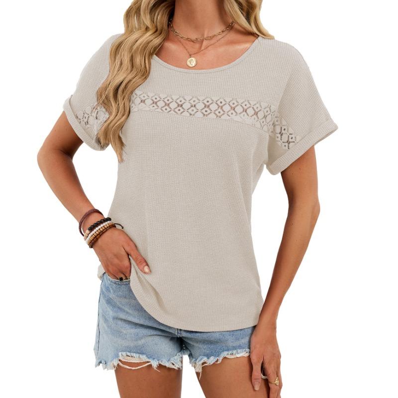 Women's Summer Casual Waffle Tee Lace Insert Round Neck Short