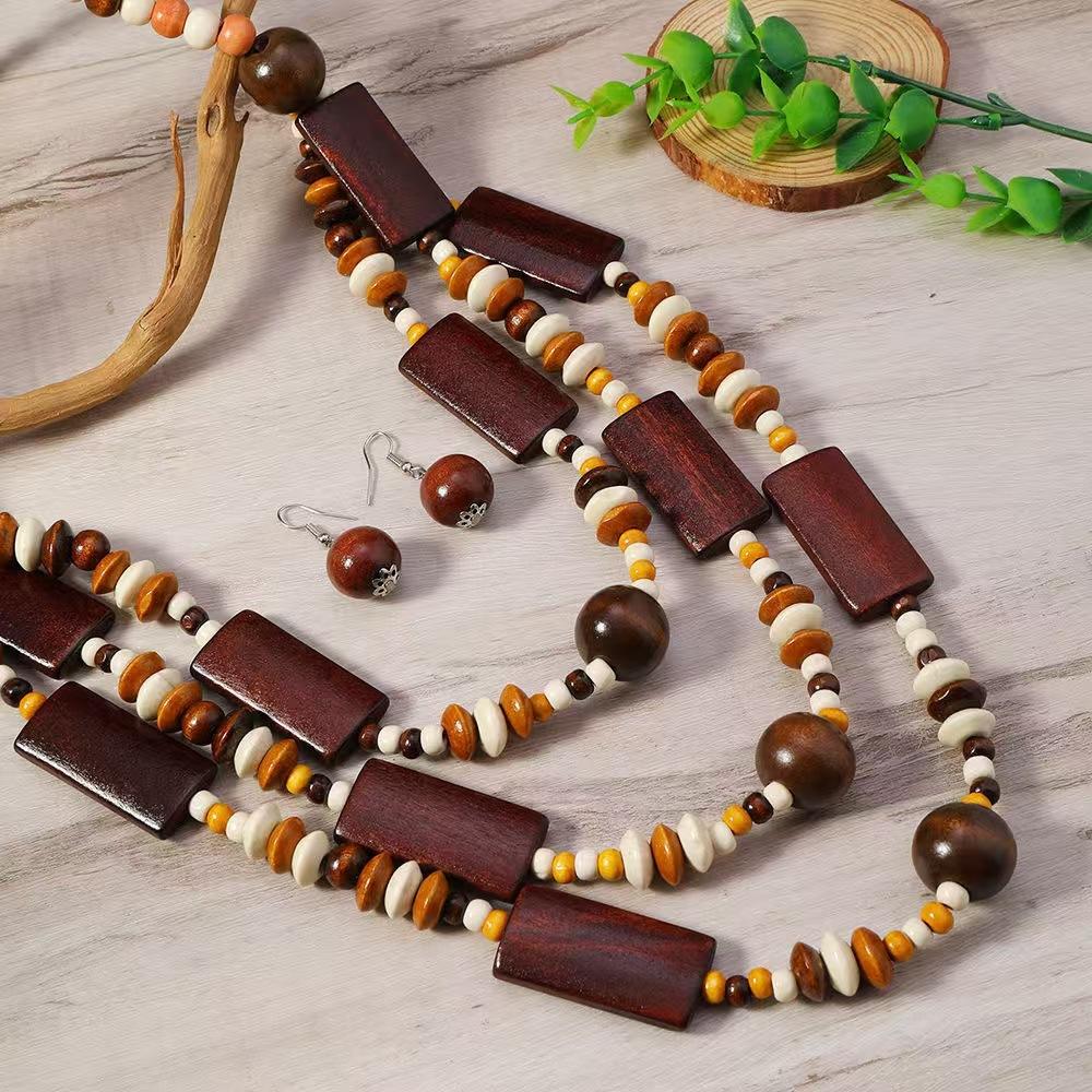 Ethnic Beaded Necklace Women Multi Layer Geometric Wooden Beads Boho Jewelry Premium Simple Versatile Fashion Accessories