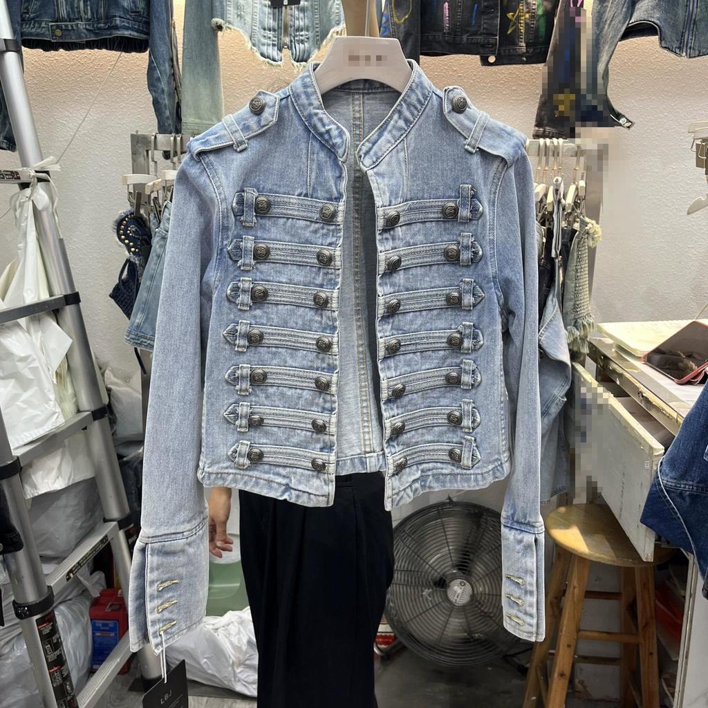 Top de Manga Larga con Decoración de Hebilla Estilo Corte Retro para Moda de Primavera y Otoño Chaqueta Corta de Mezclilla con Cuello Alto
