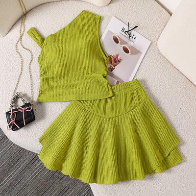 Completo Moda Primavera/Estate da Ragazza Stile Europeo e Americano Top a Canotta Monocolore Fuori Spalla con Gonna a Doppio Strato