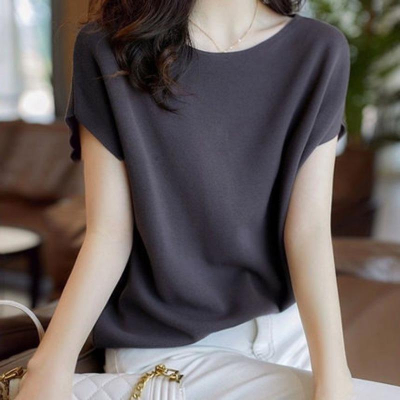 Ice Silk T-shirt for Women In Summer with Bat Sleeves Loose and Slimming Thin Knit Sweater
