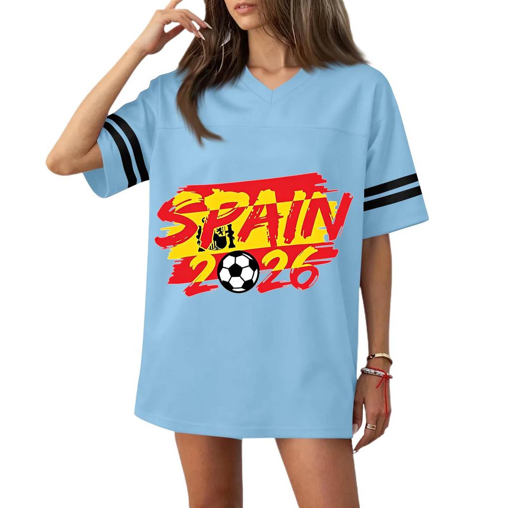 Women V Neck Short Sleeve Relaxed Fit Soccer Graphic Tee Top with 2026 Flag Print Casual Sportswear Jersey Style