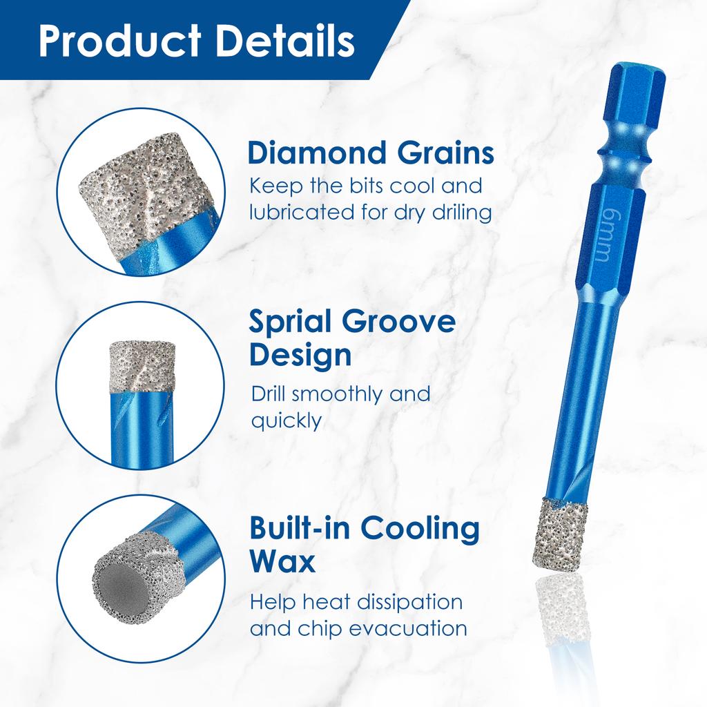 7PCS Diamond Drill Bits Set 6-12mm Quick-Fit Shank Core Bit Portable Efficient Tile Hole Saw Kit for Tile Granite Marble Masonry