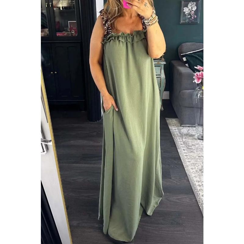 

Women s Spring Summer Casual Cotton Linen Maxi Dress Leopard Print Spliced Strap Ruffle Loose Vacation Dress with Pockets for Daily Wear 5XL армія зелений колір