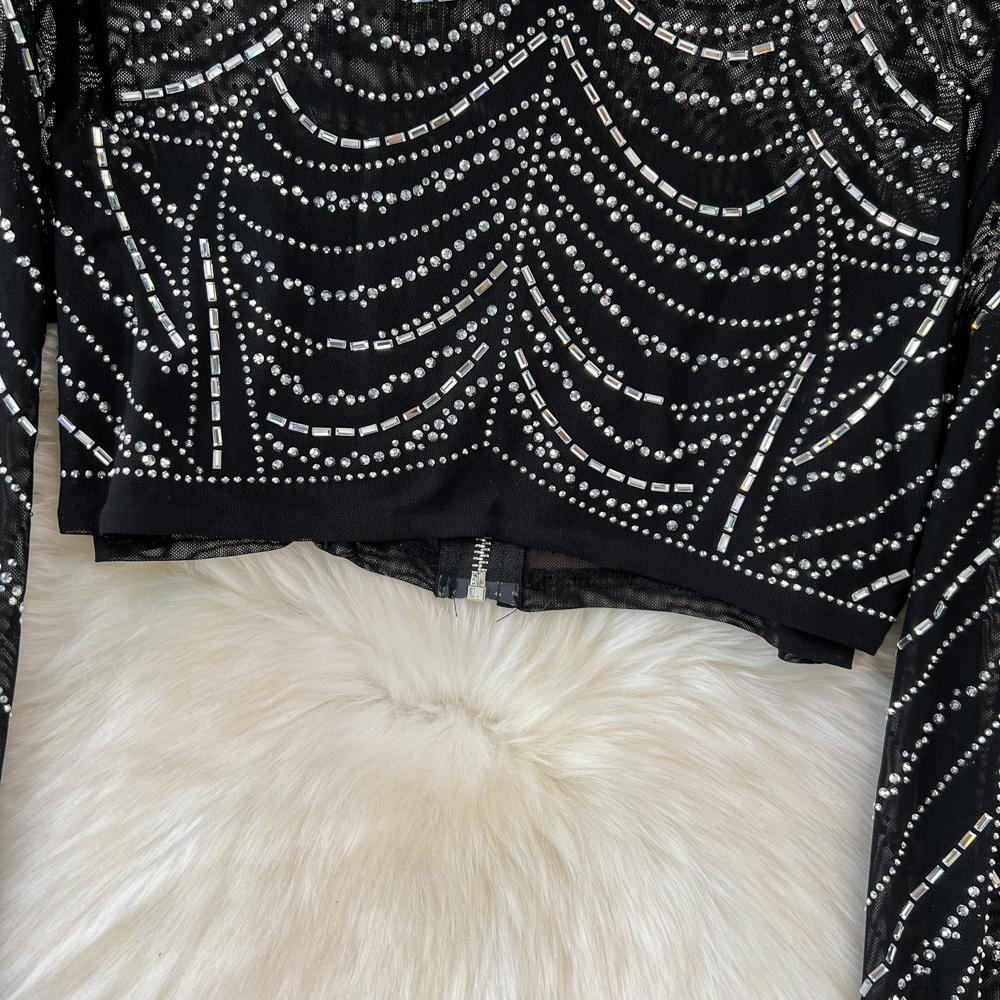 Fashion Suit, Fashion Long-sleeved Stand-up Collar, Slim-fitting Diamond-encrusted Short Top, Two-piece Set, High-waisted Fishtail Skirt.