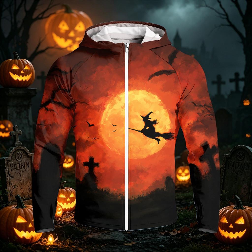 Men's Casual Raglan Sleeve Hooded Long Sleeve Sun Protection Jacket Halloween Pumpkin Print Lightweight Zip Up Outerwear