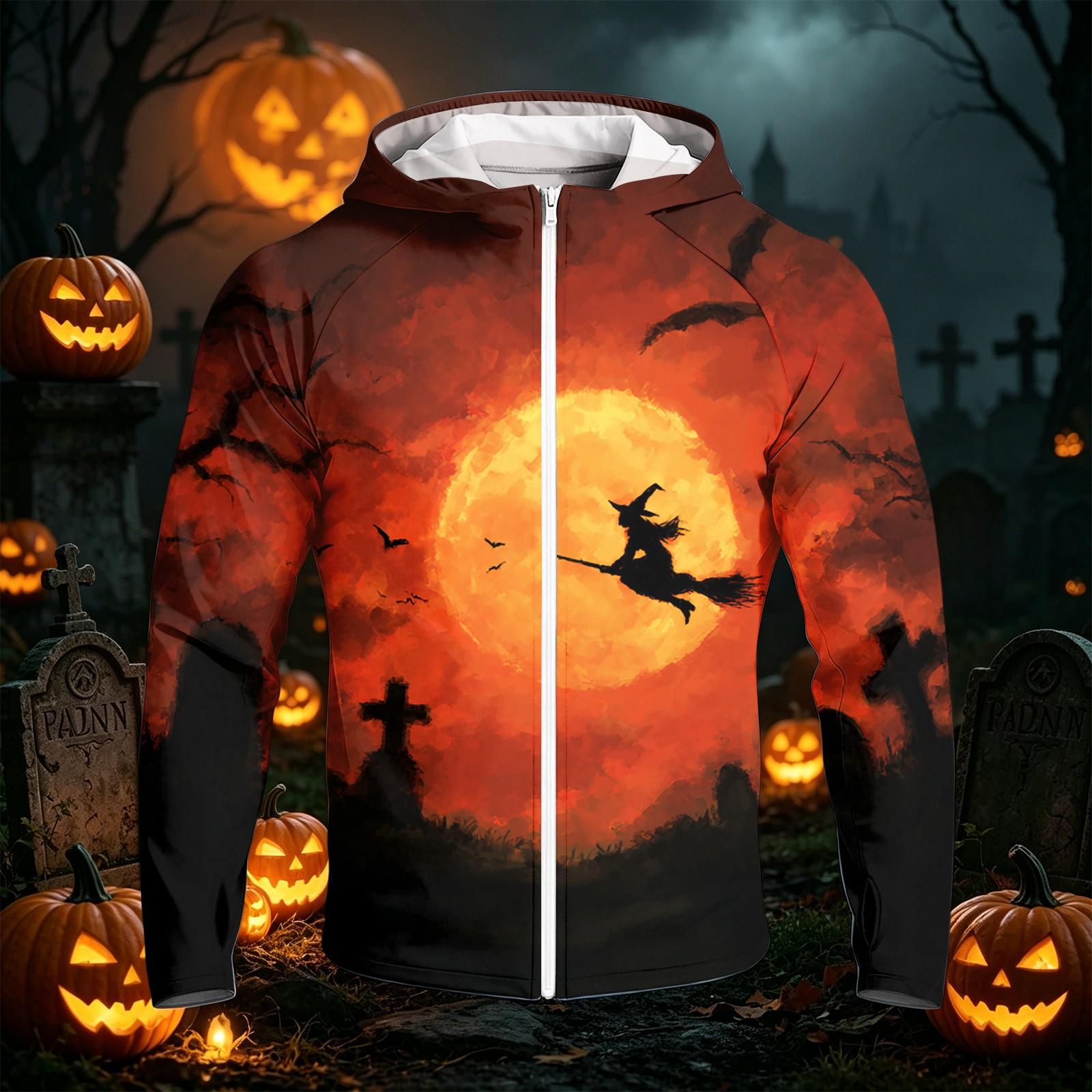 Men s Casual Raglan Hooded Long Sleeve Sun Jacket with Halloween Print S