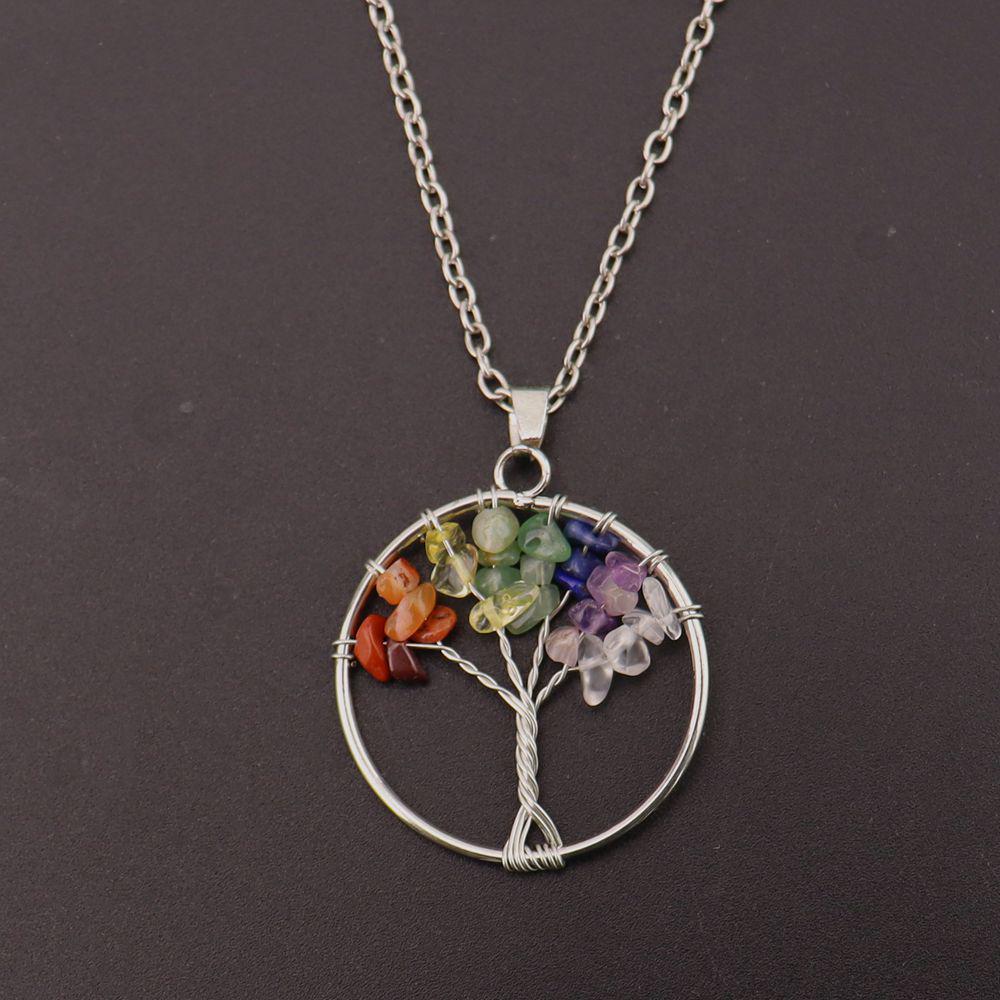 7-Color Natural Stone Crystal Tree of Life Pendant Necklace
