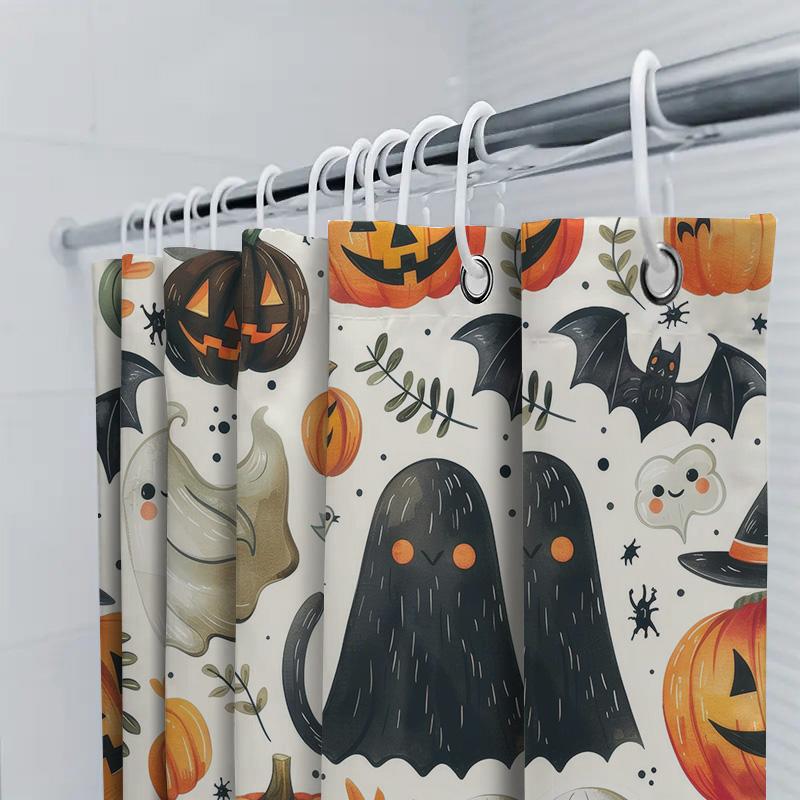 Halloween-themed shower curtain featuring spooky ghosts and ghouls perfect for your haunted house!