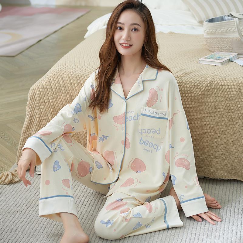 Pajamas Women's Spring and Autumn 100% Pure Cotton Long-sleeved Thin 1011 New Spring and Summer High-end Loungewear Set