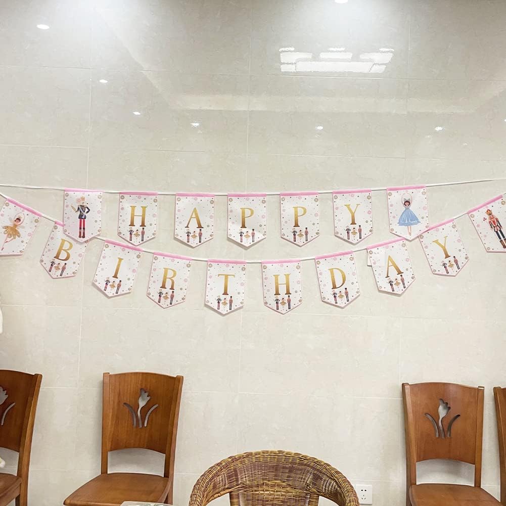 Nutcracker Birthday Banner for Kids and Adults, Party Supplies Decorations for Winter Birthday and Ballet, Mouse King and Ballerina Bunting Garland