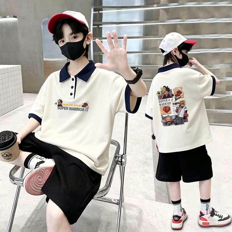 New Boys' Korean Style Color Block Cotton Polo T-shirt Set - Trendy Short Sleeve Summer Arrivals for Medium and Large Kids