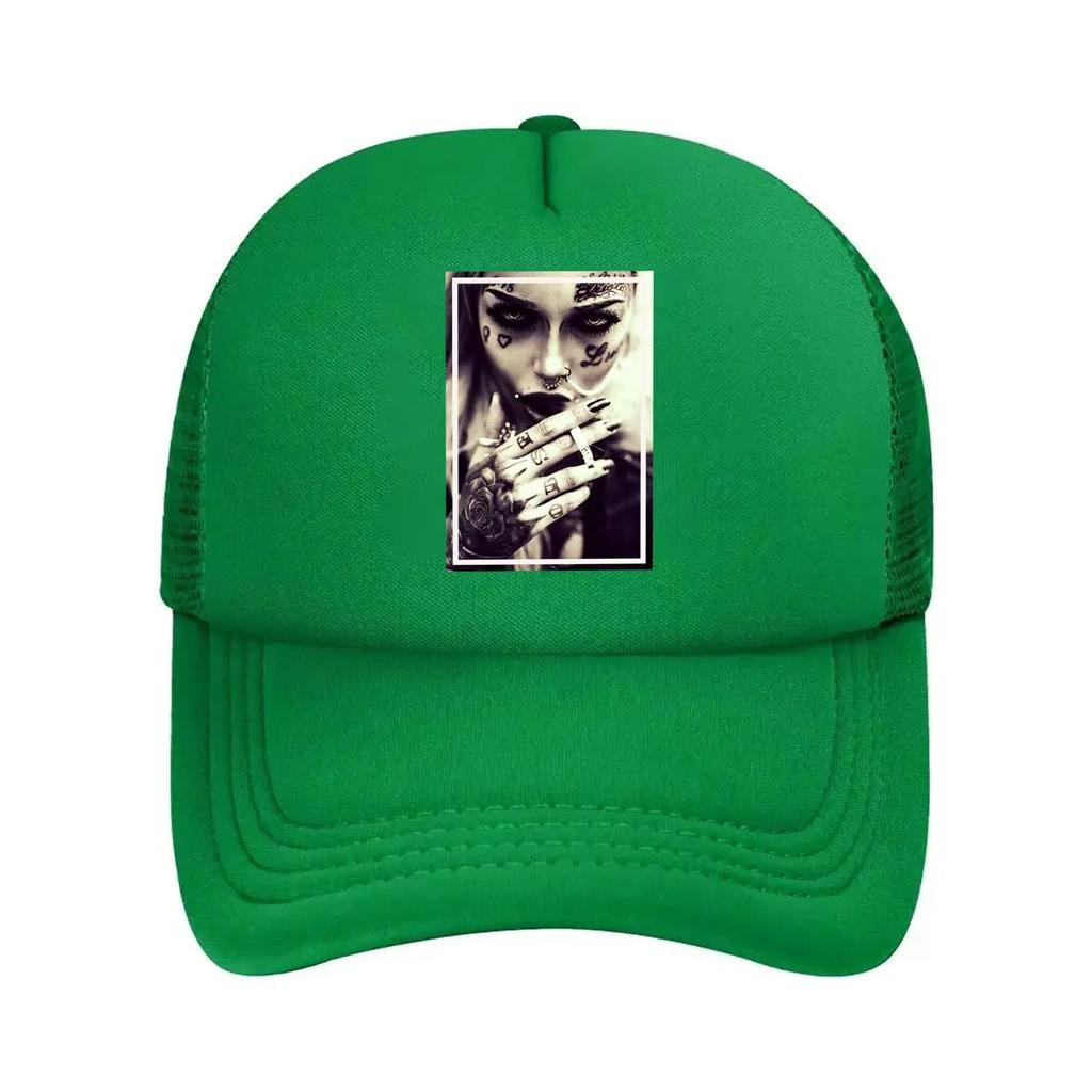 Tattooed Woman Edgy, Monochrome Portrait of Ink - Adorned Figure Mesh Baseball Cap