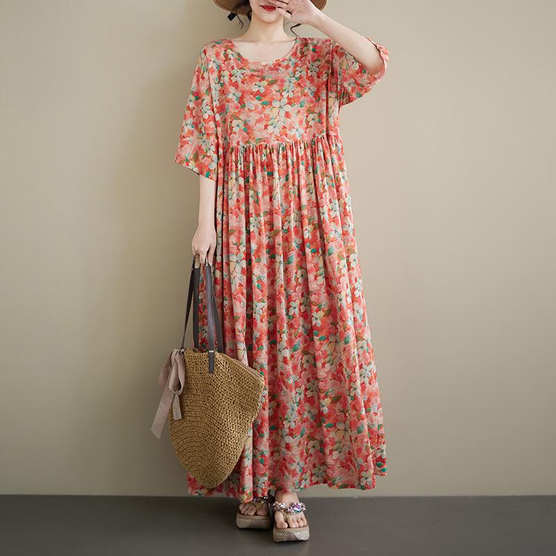 DIMANAF Neues Sommer-Strand-Sonnenkleid 2026 Damen Übergröße Vintage Dame Langes Kleid Locker Übergröße Maxi Blumenprint Baumwolle