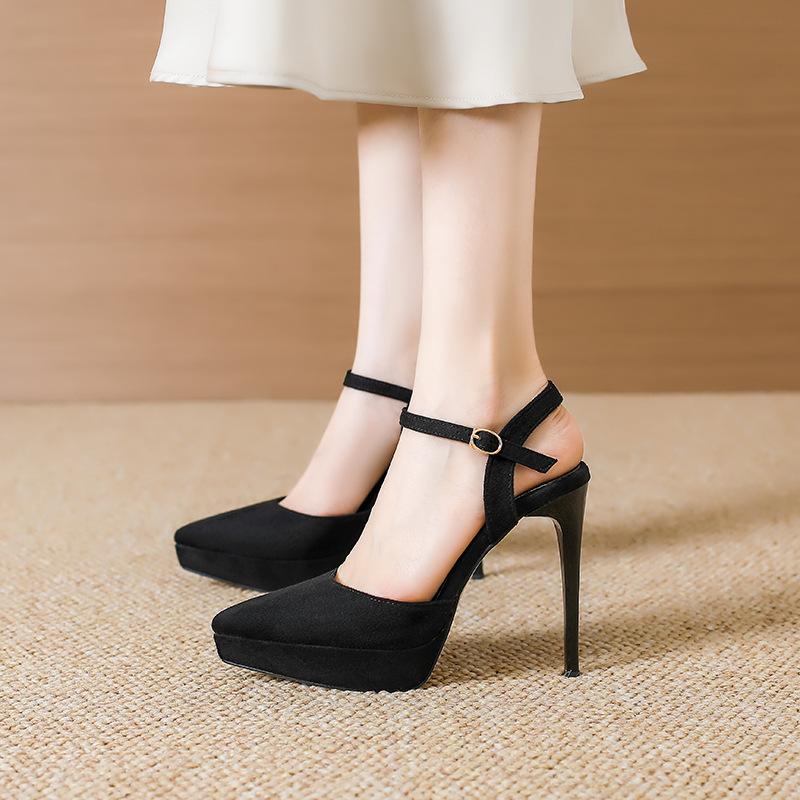 Fashion Suede Leather 12cm High Heels Thin Heel Pointed Toe Mid Hollow Slingbacks Shoes Womens Waterproof Platform Party Prom Shoes