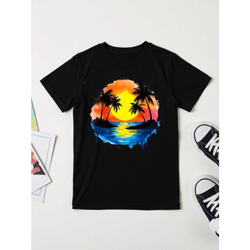 

European sizes Boys Tropical Island Sunset Graphic Tee - Bright Yellow T-Shirt with Palm Trees Sunset Stretchy Soft Fabric for Beach Vacations 98cm чорний