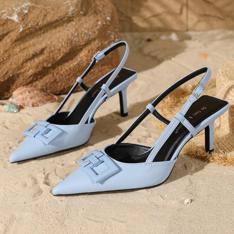 

Fashion High Quality Blue Metal Embellish Designer Brand Sandal Women Pointed Toe Back Strap Buckle Slide Sandal Elegant Plus Size Mules 42 небесно-голубой