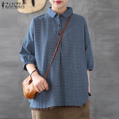 Women Casual Turn Down Collar Short Sleeve Plaid Lace-Trimmed Blouse