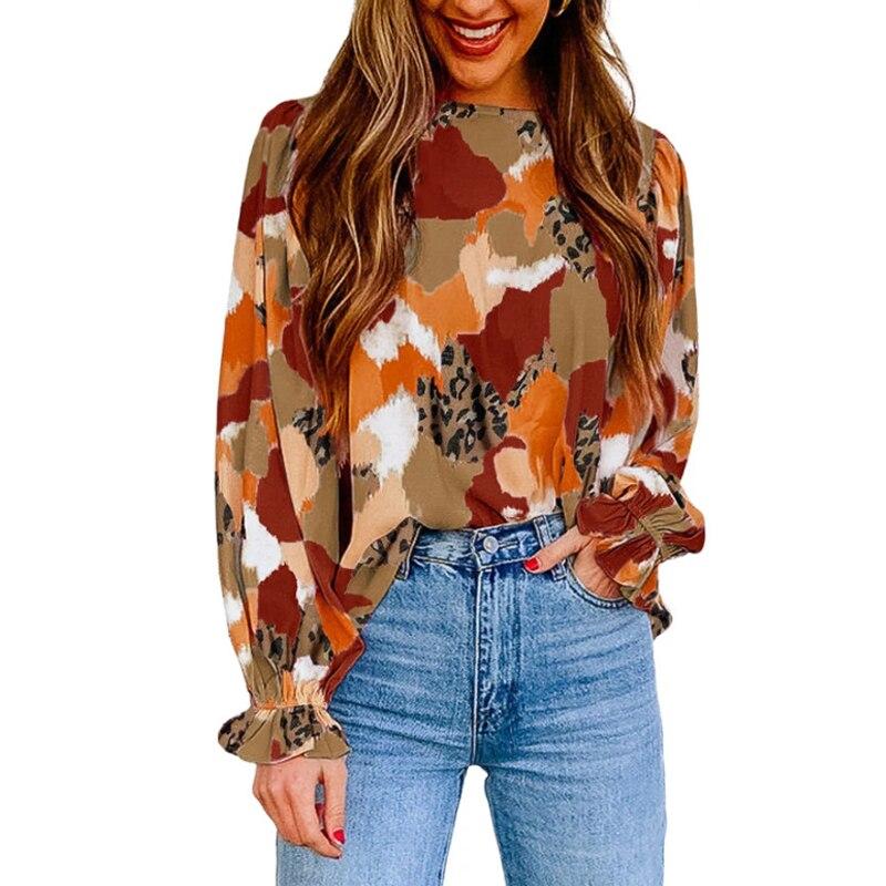 Casual Puff Long Sleeve Chiffon Blouse Spring Vintage Abstract Printed Shirt Fashion Loose Round Neck Tops Blusas De Mujer 25144