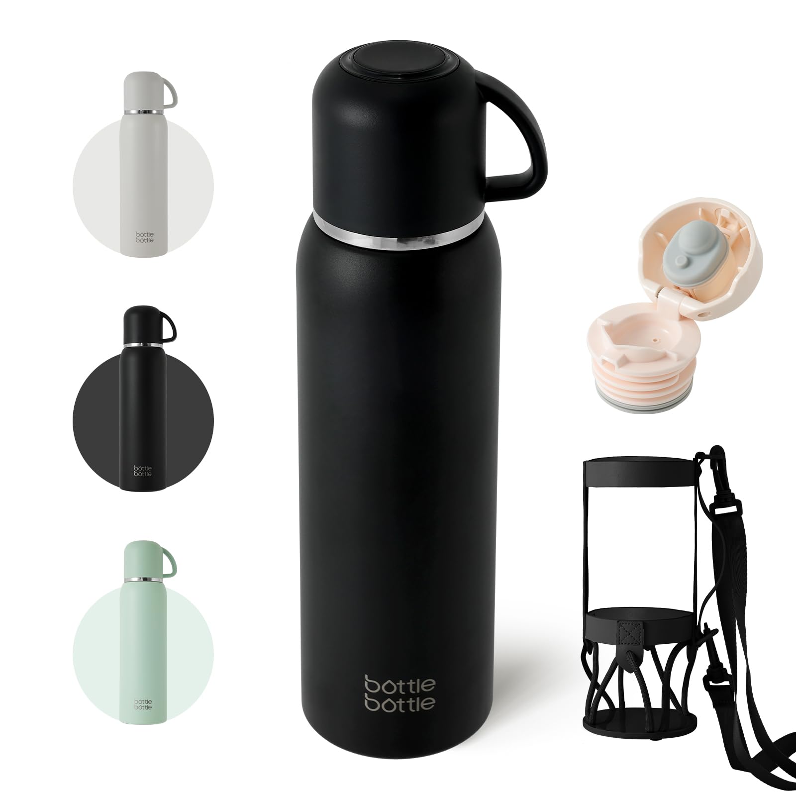 

BOTTLE BOTTLE Water Bottle, 1 Liter, Large Capacity, BPA-Free, with Handle, Easy to Carry, Easy to Clean, Leak-Proof, Includes Cup, Keeps Water Hot