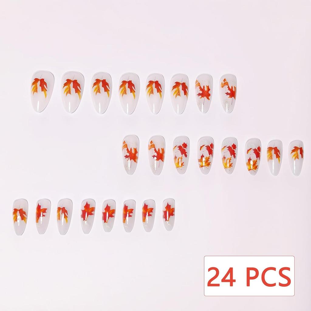 Glitter Maple Leaf Press On Nails Medium Almond Fake Nails Red Yellow Maple Leaves Designs False Nails Dark Brown Glossy Full Cover Artificial Glue