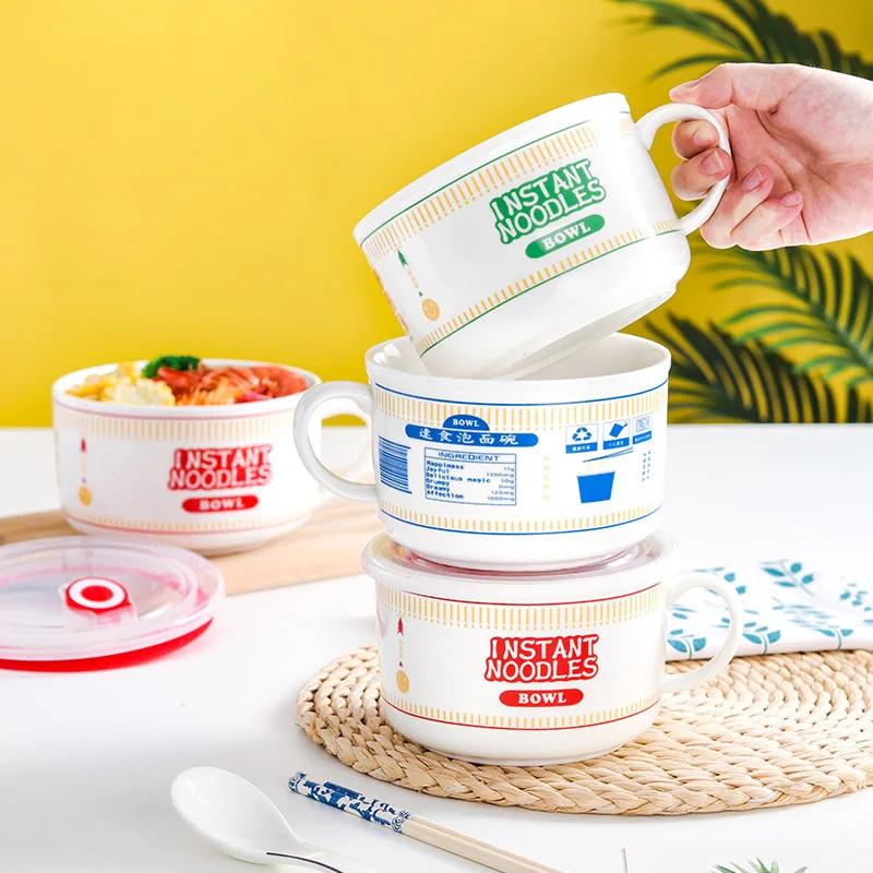 Cartoon - Printed Ceramic Instant Noodle Bowl with Lid, Single - Handle & Large Capacity Home Dormitory Bento Box Soup Bowl