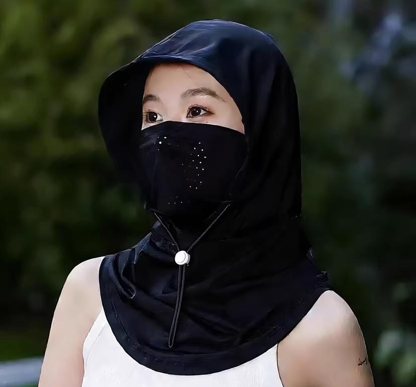 Summer Anti-UV Sunscreen Hat With Mask Shawl Breathable Ice Silk Pullover Cap Head Wrap Unisex Beach Cap For Outdoor Sports чёрный