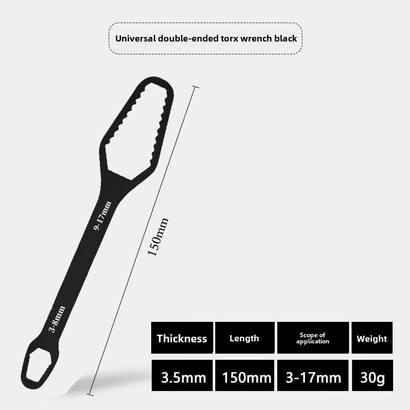 

Многоцелевой черный гаечный ключ Torx толщиной 5 мм, регулируемый самозатягивающийся двухсторонний гаечный ключ 3-17mm чёрный
