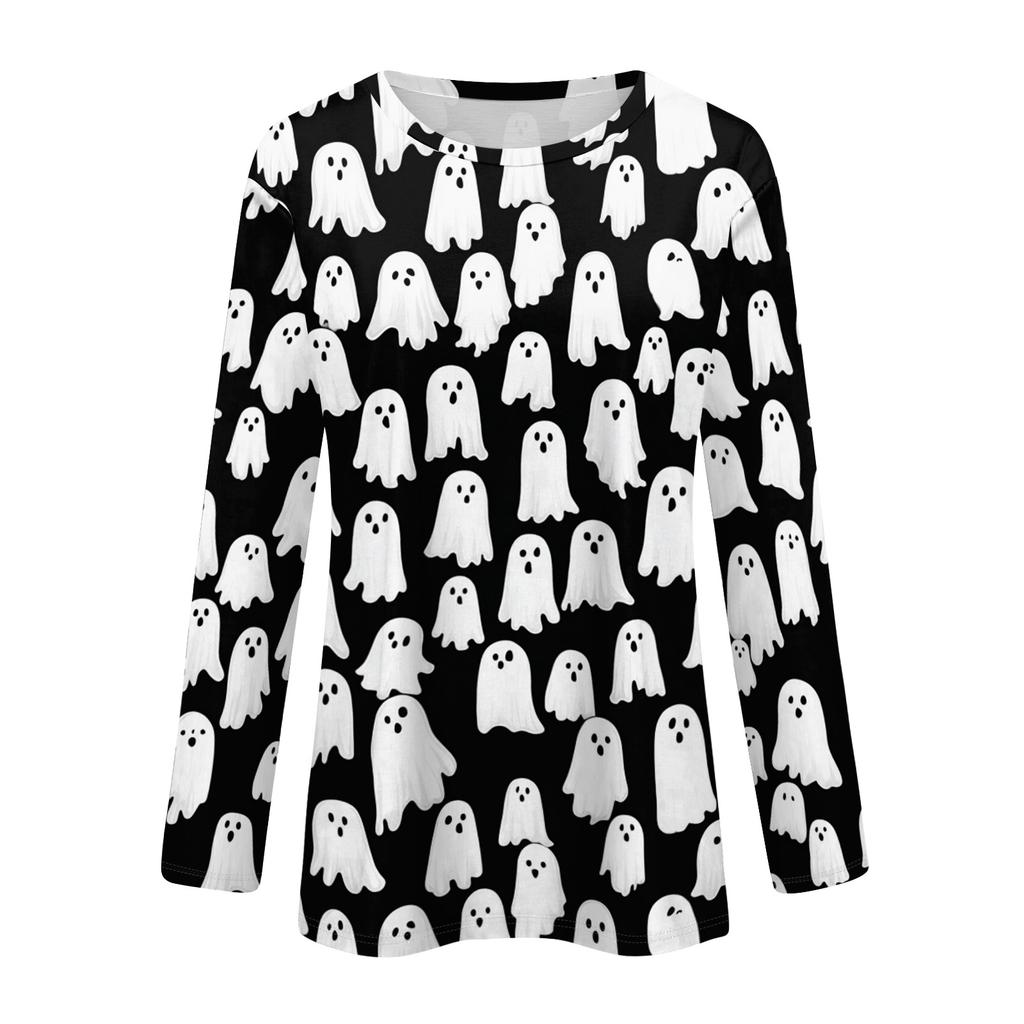 Women's Long Sleeve Casual Pullover Sweatshirt Halloween Ghost Pattern Round Neck Top Lightweight Comfortable Fit