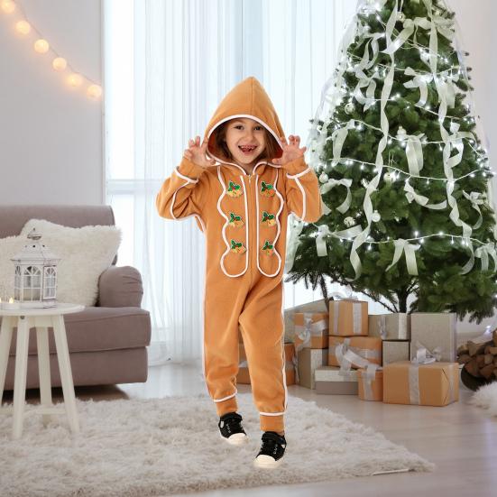 Christmas Onesie Costume for Kids Gingerbread Man/Santa/Green Elf Cosplay Outfit Unisex Plush Bodysuit for Halloween Christmas Carnival Festival