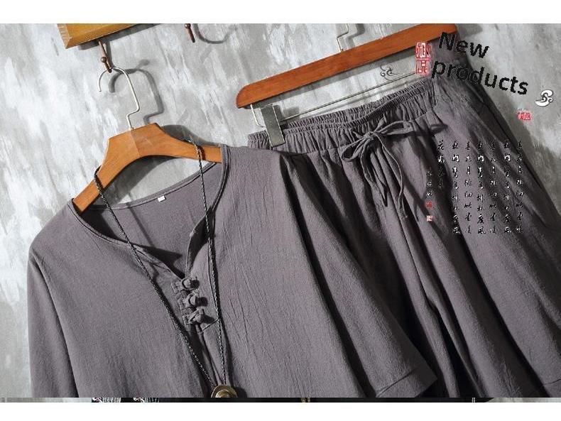 Men's Retro Chinese-Style Cotton & Linen Buttoned Three-Quarter Sleeve T-Shirt and Shorts Set