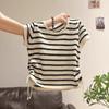 Yellow Striped Knitted Short-sleeved T-shirt Women's 1116 New Summer Pleated Waist Design Drawstring Spice Top