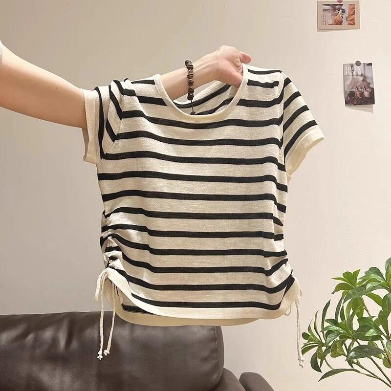 Yellow Striped Knitted Short-sleeved T-shirt Women's 1116 New Summer Pleated Waist Design Drawstring Spice Top