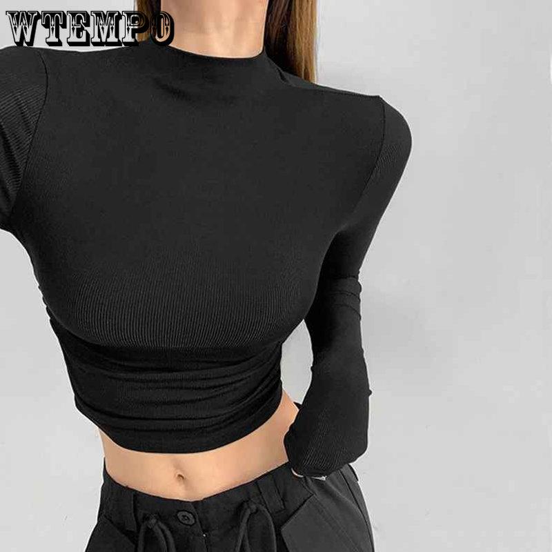 Ins Half High Neck Pleated Knitted Bottoming Shirts Women Stretchy Slim Thin Short Section Inside Long Sleeve Jumper Tops