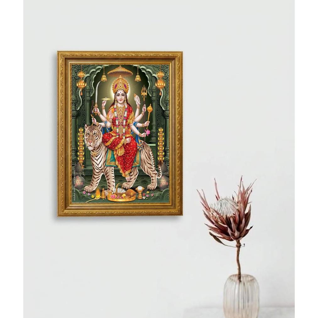 @Maa Durga Religious Photo Frame, Golden Border, Glossy Finish UKD535 80% off