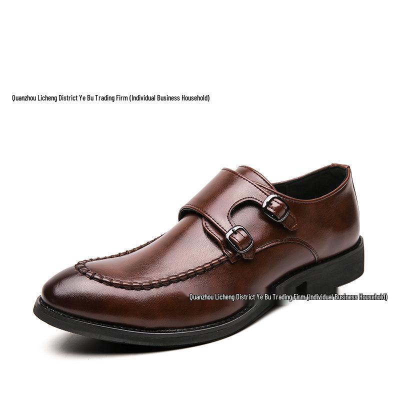 Men's Double Buckle Pointed Toe Leather Monk Shoes, Plus Size Formal Business Casual Footwear
